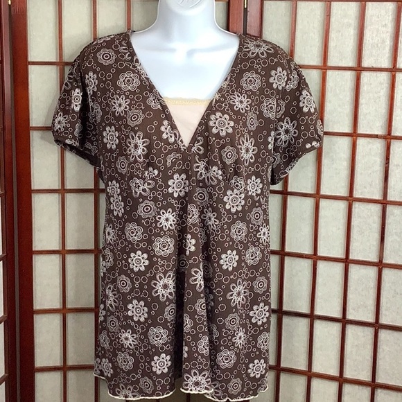 Cato XL Top Tie Back Blouse Faux Appliqué Floral Print Short Cap Sleeve Shirt - Picture 1 of 7